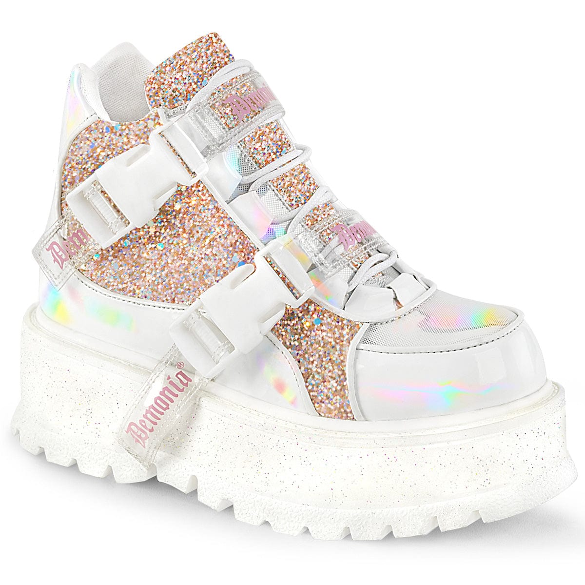 SLACKER-50 White Hologram graphic Patent -Baby Pink Multi Glitter Ankle Boot Demonia US Size (Women's): 6