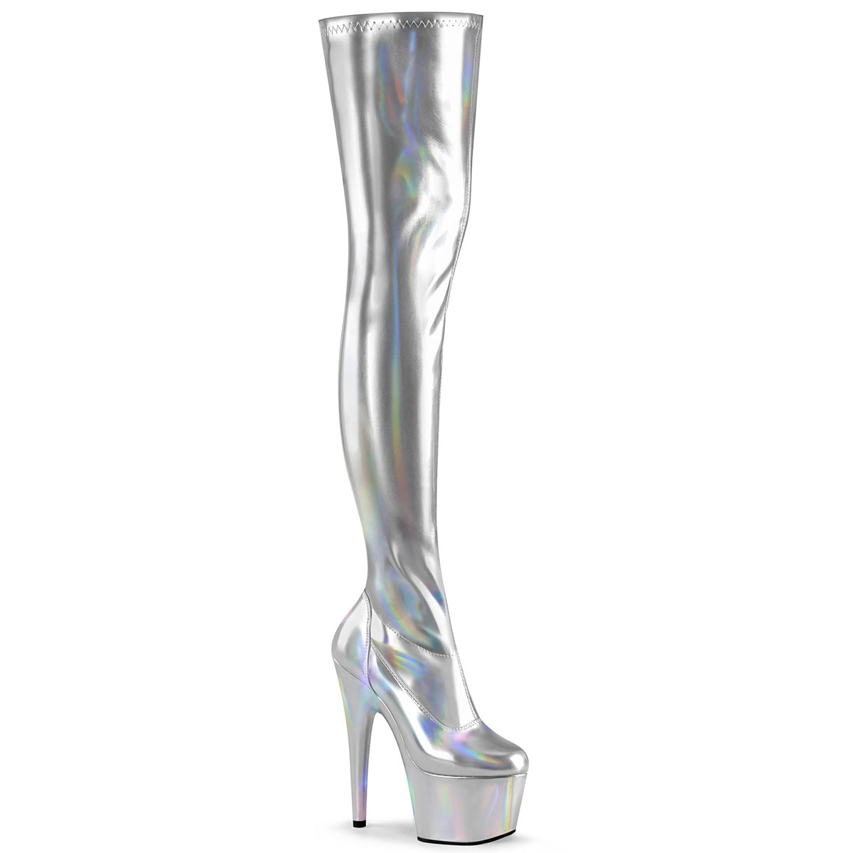 ADORE-3000HWR Silver Stretch Holo/Silver Holo Thigh Boot Pleaser