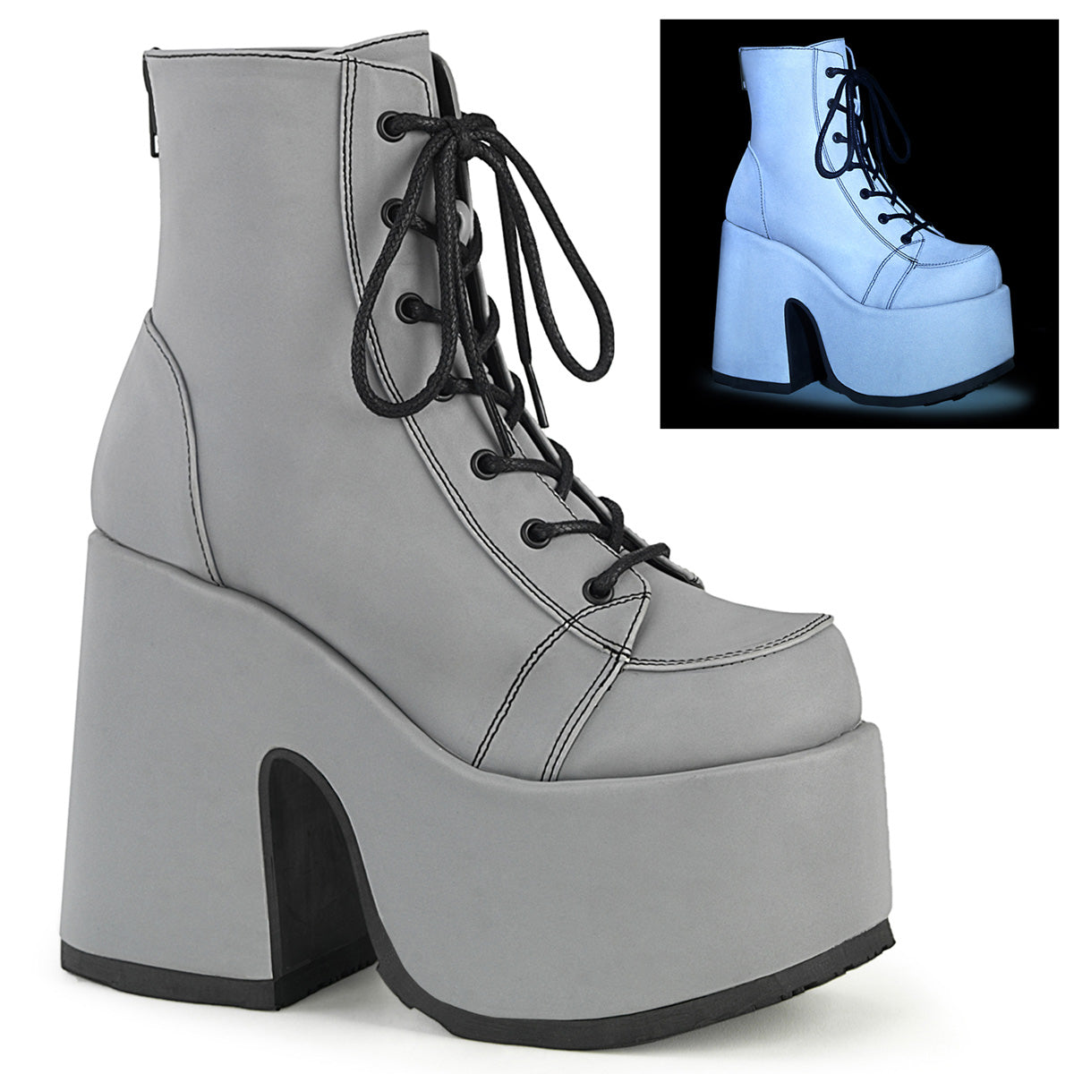 CAMEL-203 Grey Reflective Vegan Leather Ankle Boot Demonia