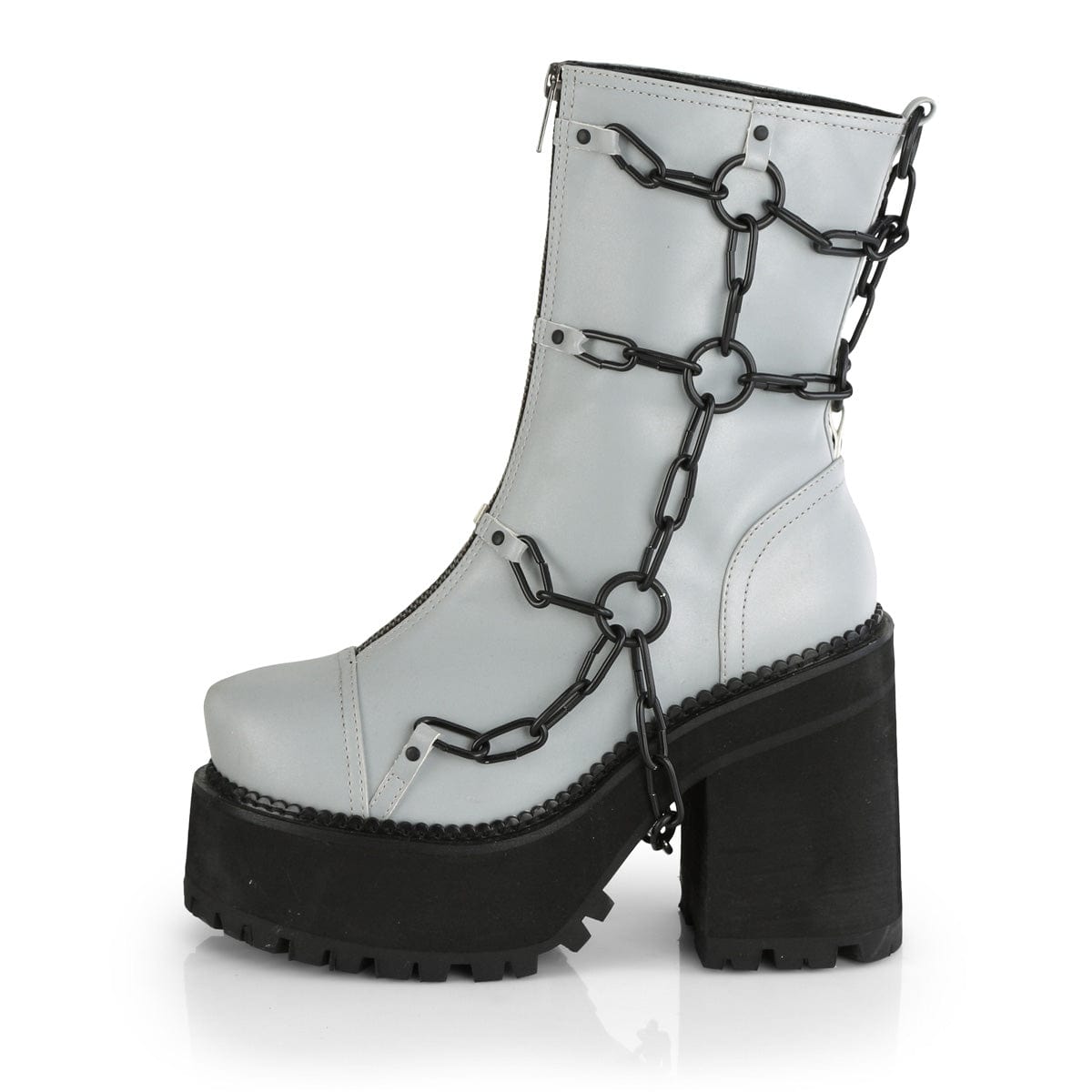ASSAULT-66 Grey Reflective Vegan Leather Ankle Boot Demonia US Size (Women's): 6