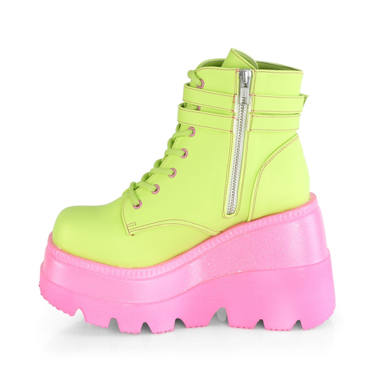 SHAKER-52 Lime Reflective Vegan Leather/Pink Boot Demonia US Size (Women's): 5