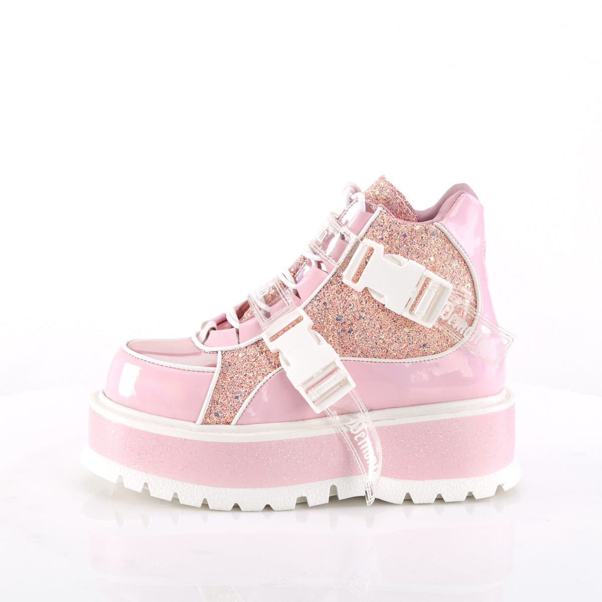 SLACKER-50 Baby Pink Hologram graphic Patent -Pink Multi Glitter Ankle Boot Demonia US Size (Women's): 6