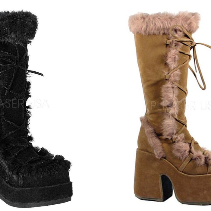 Winter Warmers: Chic Pleaser boots with faux fur perfect for festivals and rave vibes in cold weather.
