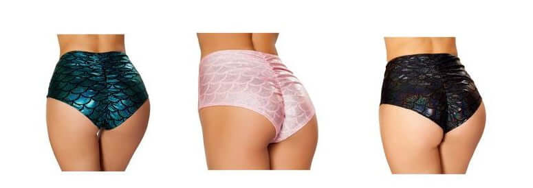Mermaid Tooshies and More! High-waisted scrunch mermaid shorts in teal, pink, and black for dance and rave wear.