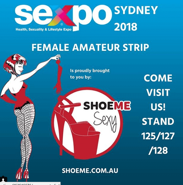 Sexpo Sydney! 2018 advertisement for Female Amateur Strip showcased by Shoeme with vibrant graphics.