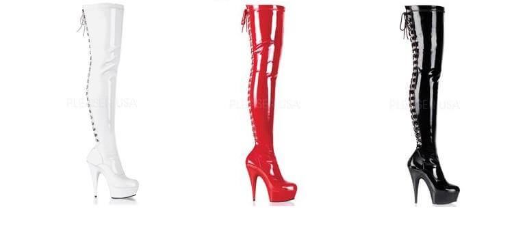 Sky High Thigh High boots in white, red, and black showcasing sleek design and sexy styles perfect for festivals.