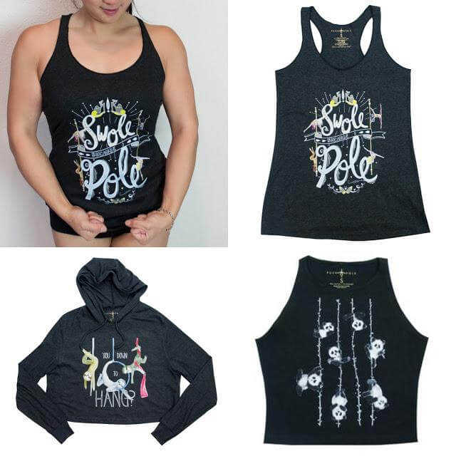 Image showcasing stylish apparel from Push and Pole including tank tops and hoodies for pole dance enthusiasts.