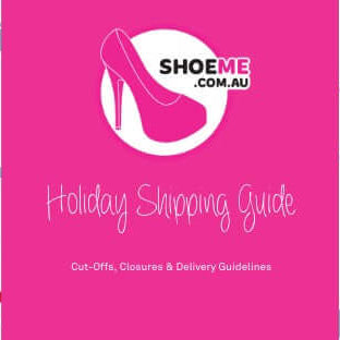 Colorful graphic showcasing the Shoe Me Holiday Shipping Guide with cut-off times and delivery guidelines.