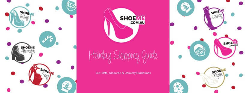 Colorful graphic showcasing the Shoe Me Holiday Shipping Guide with cut-off times and delivery guidelines.