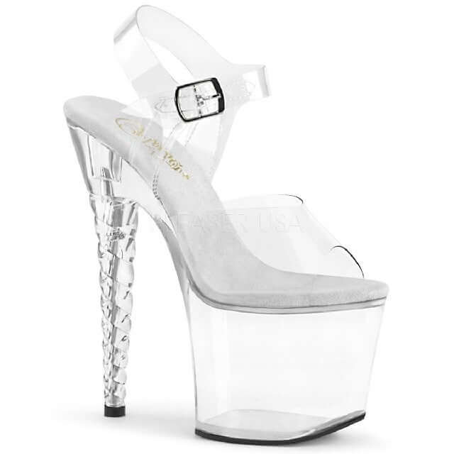 Strapped In For Summer! Clear high heels by Pleaser with unique twisted heel design, perfect for festivals and pole dance.