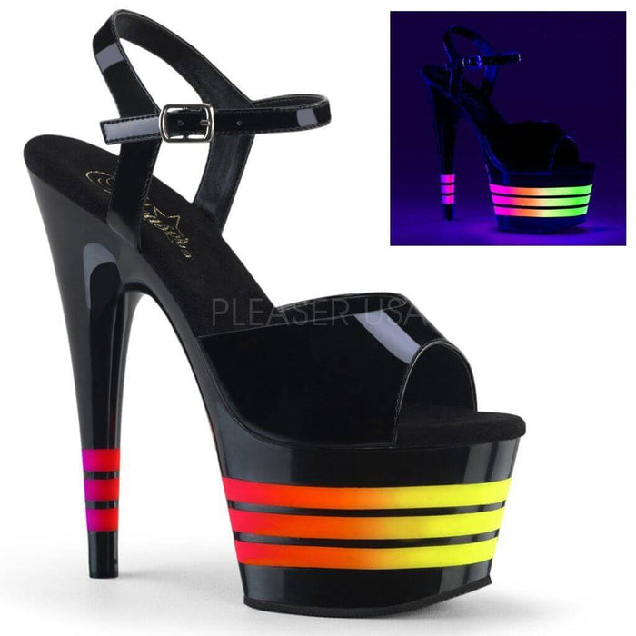 A little neon, A little sparkle: Pleaser platform heels with neon stripes, perfect for pole dance and festival vibes.