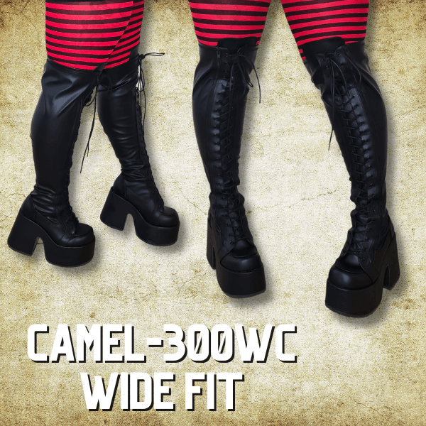 PLUS SIZE DEMONIA BOOTS displayed in stylish black with chunky platform and laces for wide fit.