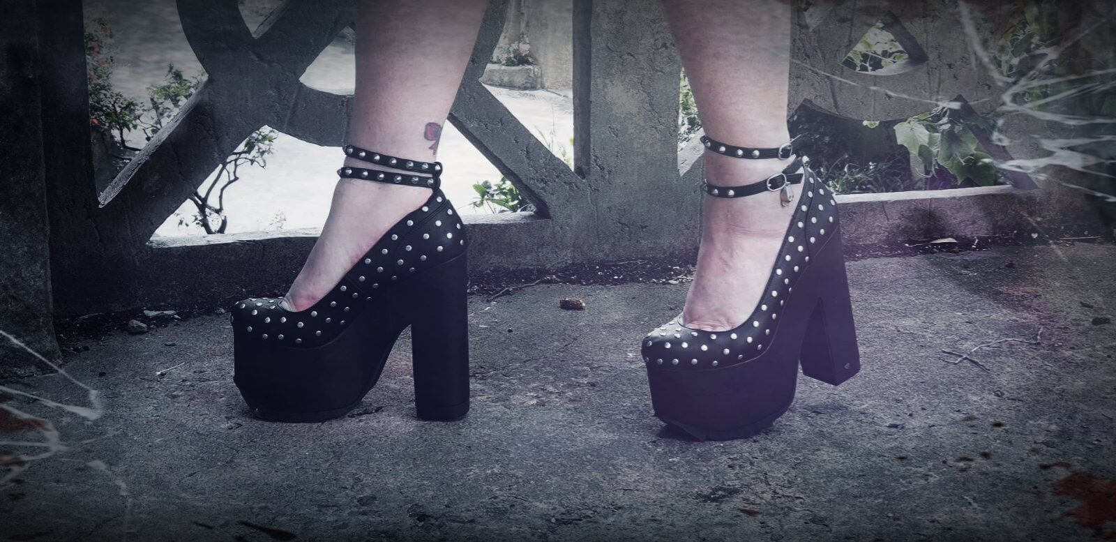 Halloween Pinup! Stunning Demonia platform heels with studs, perfect for festival rave style. Shoe Me alternative fashion.