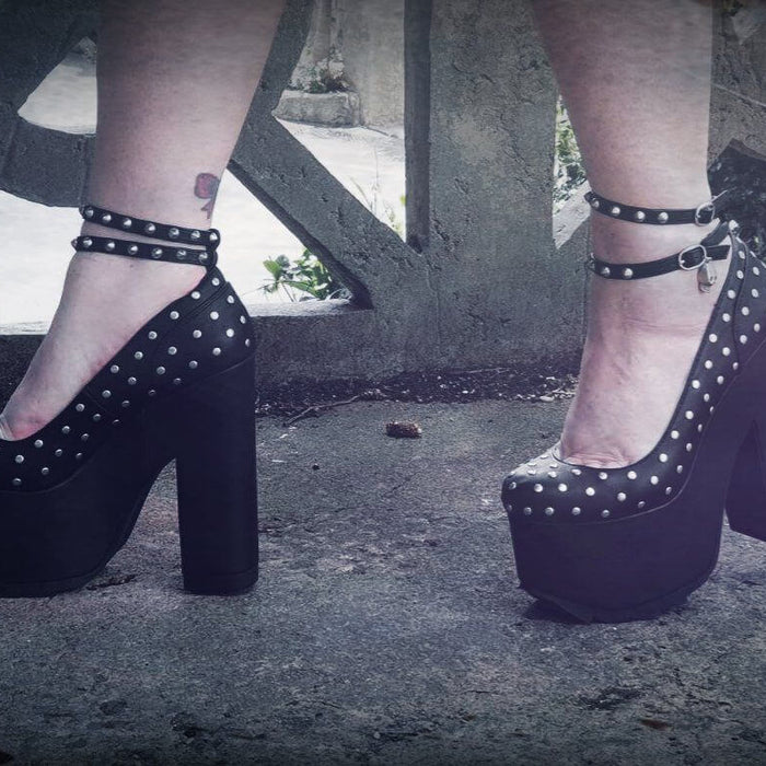 Halloween Pinup! Stunning Demonia platform heels with studs, perfect for festival rave style. Shoe Me alternative fashion.