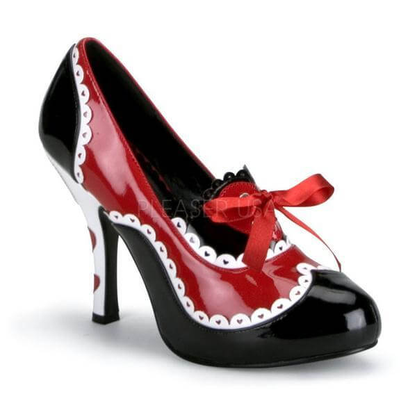 Wonderland Footwear: Red and black high heels with heart details and a bow, perfect for themed costumes.