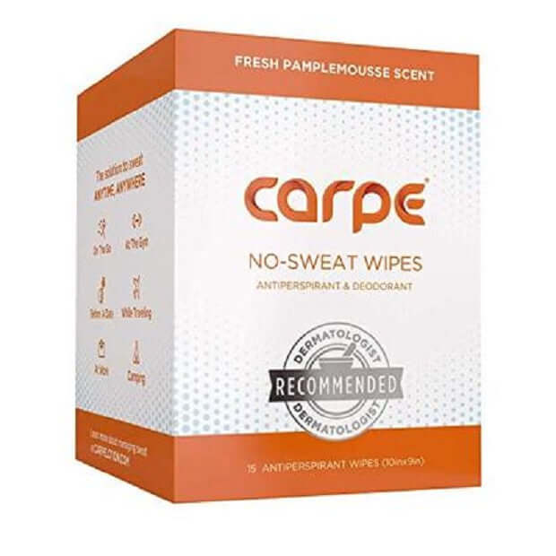 Carpe! No-Sweat Wipes package, fresh pamplemousse scent, recommended by dermatologists for antiperspirant use.