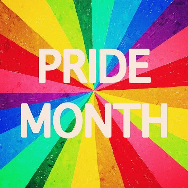 Happy Pride Month! colorful rays background celebrating diversity and unity in June.