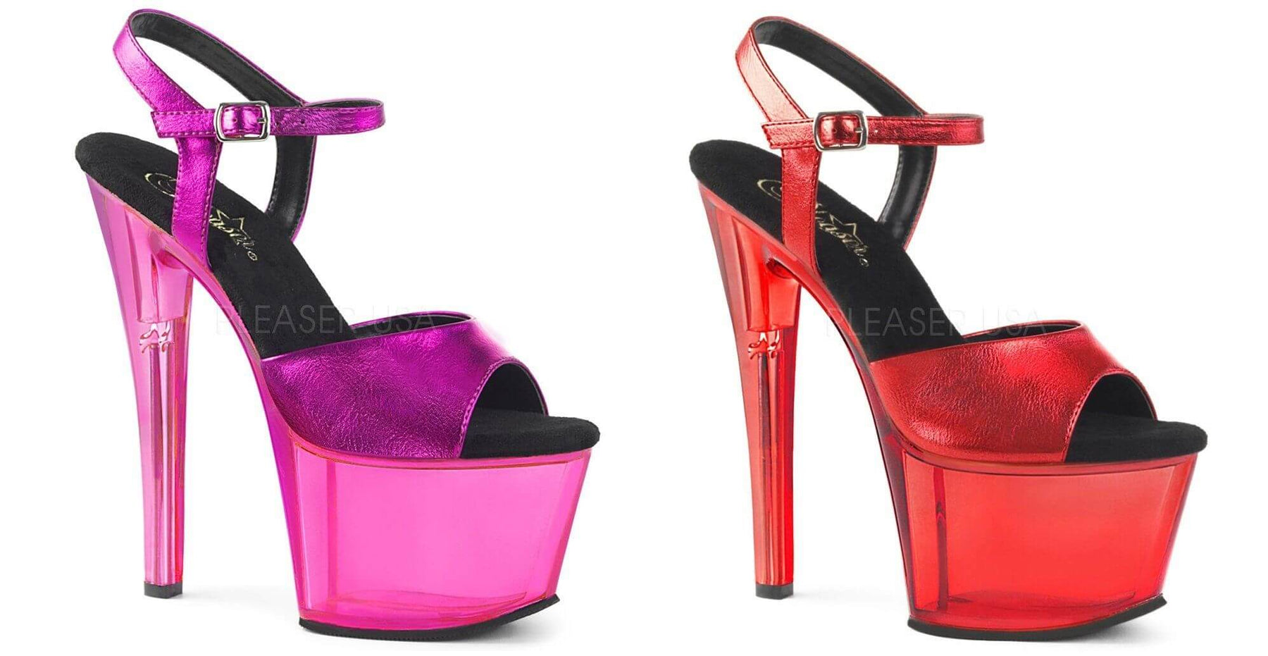 All About Metalics: Stunning metallic platform heels from Pleaser in pink and red shades, perfect for festivals and pole dance!