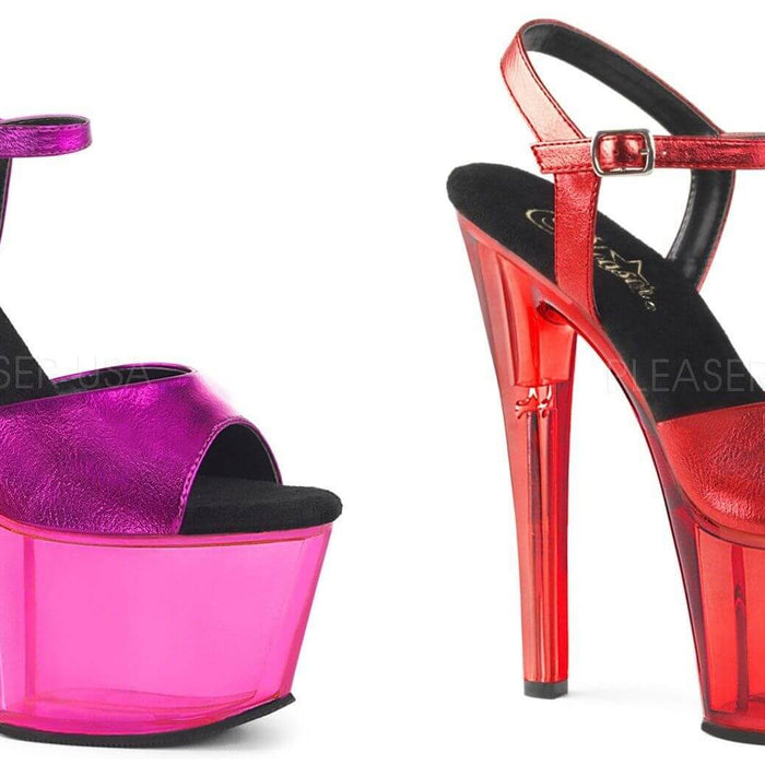 All About Metalics: Stunning metallic platform heels from Pleaser in pink and red shades, perfect for festivals and pole dance!