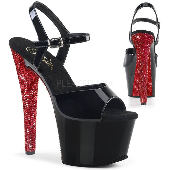 Sparkles & Chrome: Black Pleaser heels with dazzling red sparkle heels, perfect for pole dance, festivals, and alternative styles.