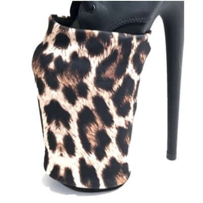 X-Otic Sox covering a leopard print high heel shoe, perfect for pole dance and festival vibes.