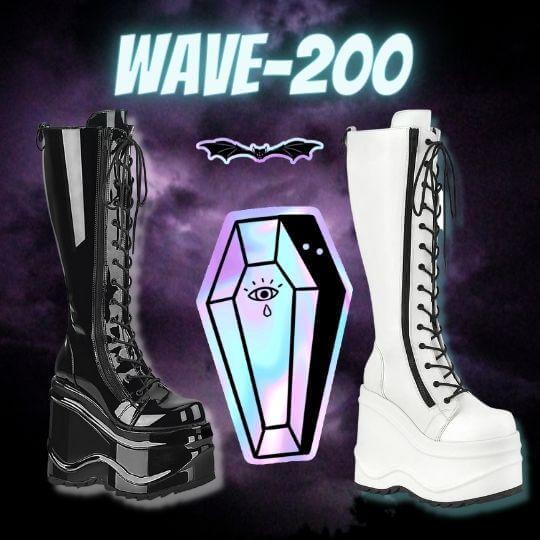 New Demonia Wave - 200 platform boots in black and white with a spooky graphic backdrop.
