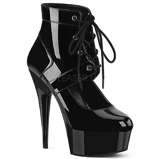 Coming Soon! Pleaser black patent high heel ankle boots with lace-up design for pole dance and rave events.