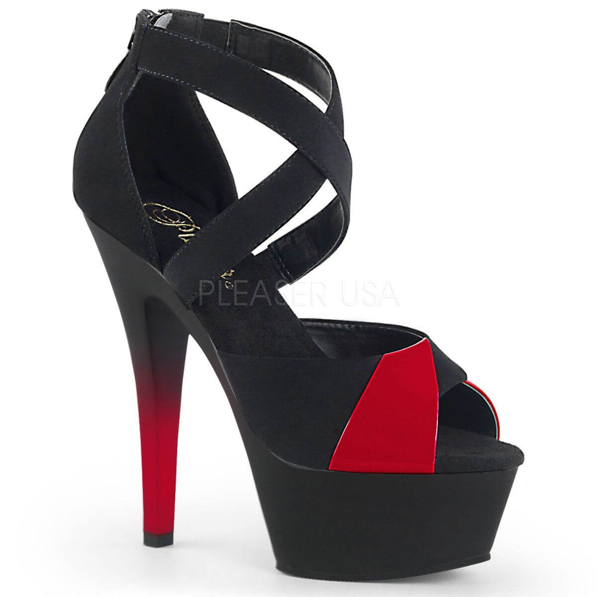Sleek & Sexy black and red high heel shoe by Pleaser, perfect for festivals and pole dance events.