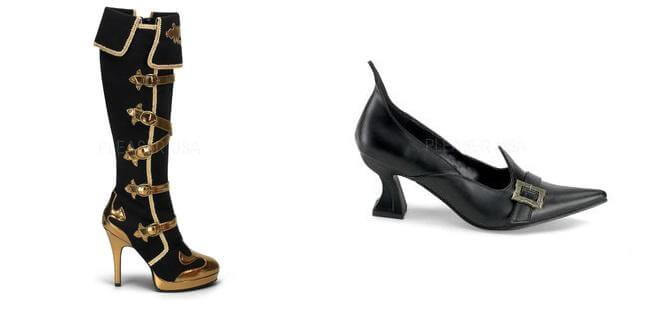 Stylish Halloween footwear options for Do The Trick or Treat, featuring a bold black and gold boot and a chic witch-inspired heel.