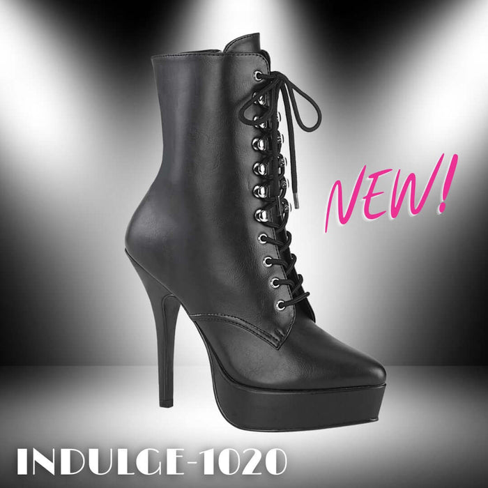 INDULGE-1020 - Now in Black Matte! stylish black high-heeled boots with platform and lace-up design.