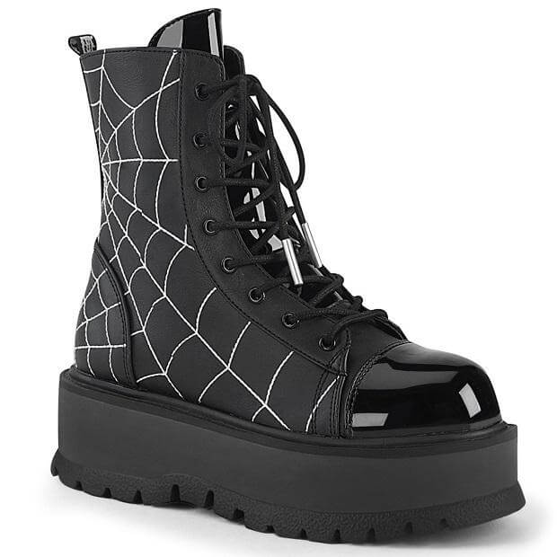 New Arrivals - Demonia: Black spiderweb platform boots with shiny toe, perfect for festival and alternative fashion.