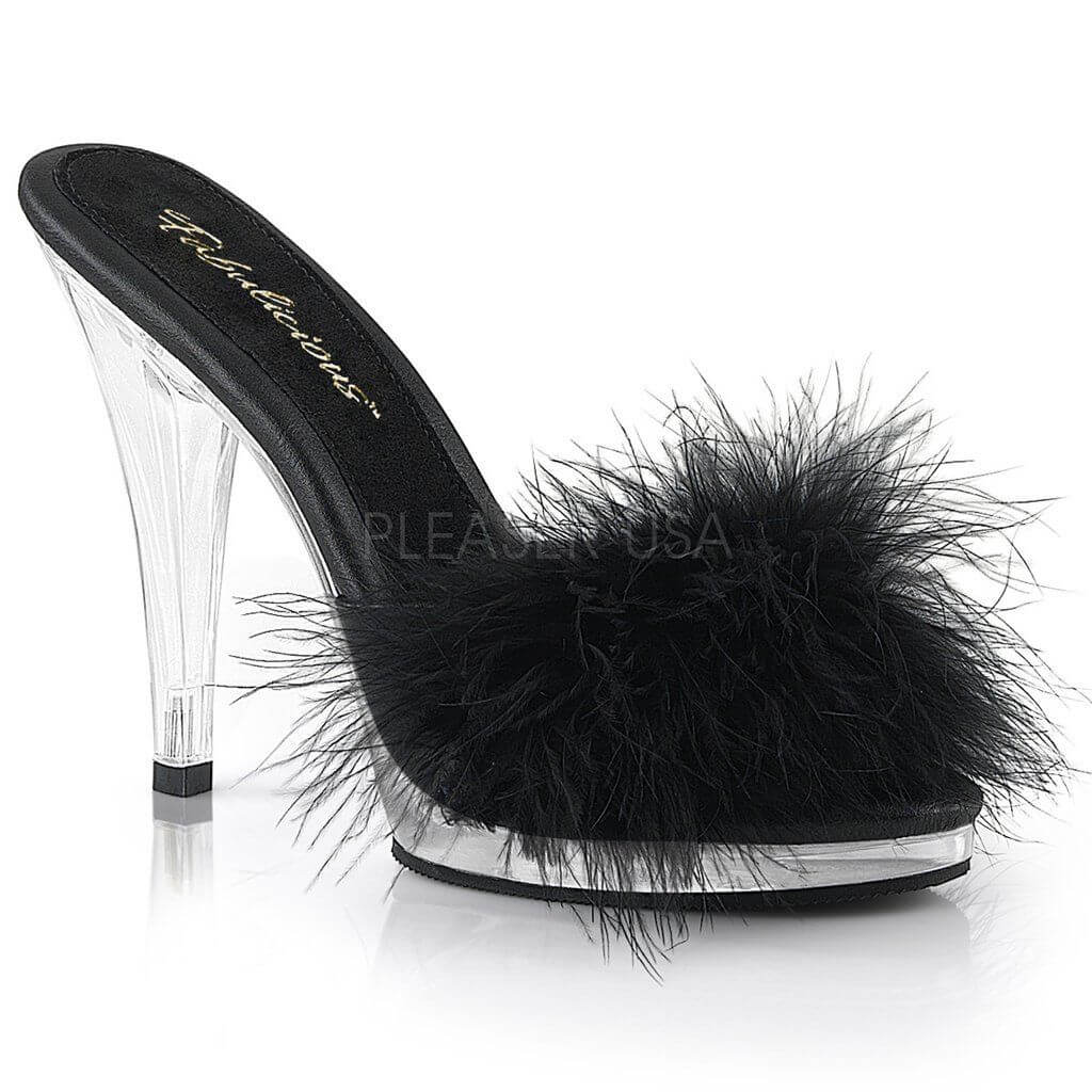 The Modern Mule from Pleaser with fluffy black feathers, perfect for pole dance and festival looks.