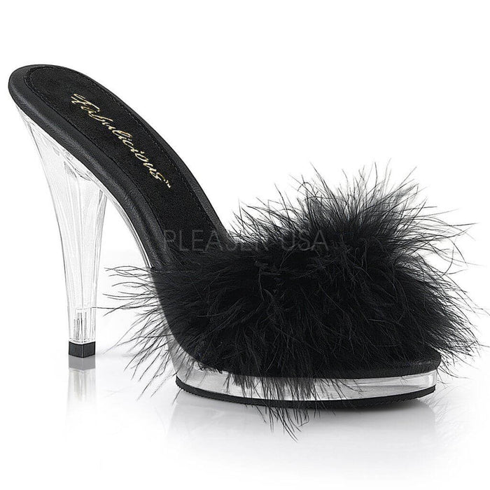 The Modern Mule from Pleaser with fluffy black feathers, perfect for pole dance and festival looks.