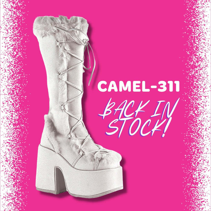 Camel-311 White Back In Stock! Stylish white vegan leather boots with fur detailing on a pink background.