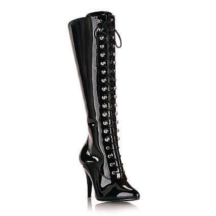 Sleek black knee-high lace-up stilettos for Rave and Festival fashion - Rain On Me - Get The Look.