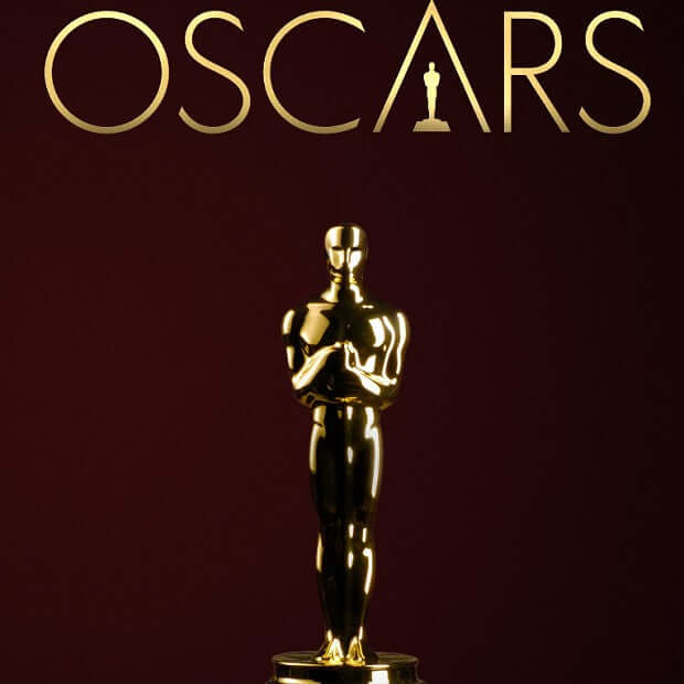 Oscar 2020 Shoe Inspiration with a golden Oscar statuette against a maroon background.