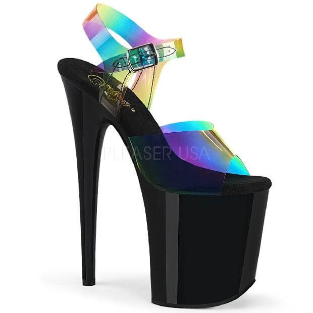 New Stock Alert November 2019 - Stunning Pleaser pole dance shoes with rainbow holographic straps for festival and rave lovers.