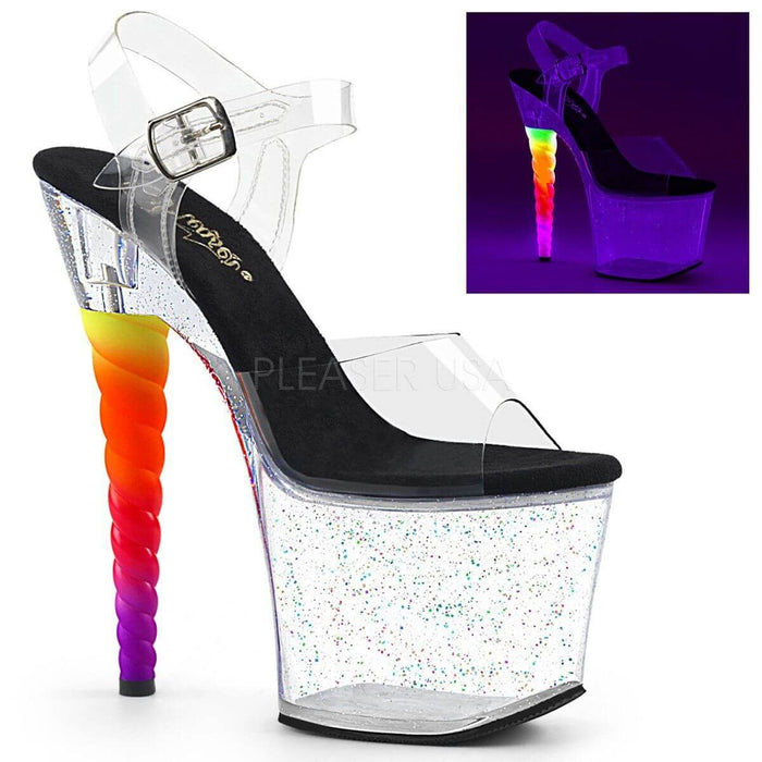 Unicorns and Scarlet Sparkles themed Pleaser heels with glitter and rainbow gradient heel, perfect for festivals.