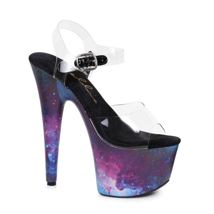 Out of this world high heel shoe by Pleaser, featuring a galaxy print and clear strap, perfect for festivals and raves.