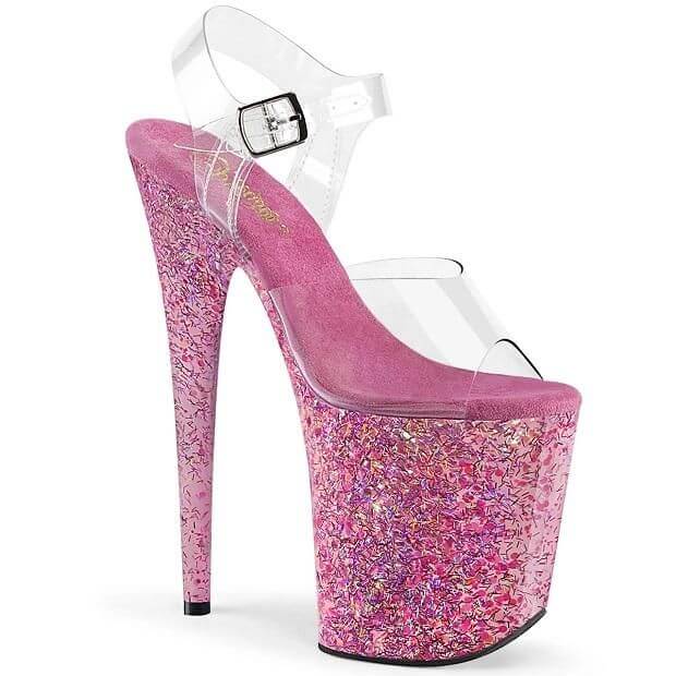 Sweet as sugar! Stunning pink glitter high heels with clear straps, perfect for festivals and rave events.