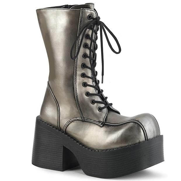 Coming soon from Demonia: stylish metallic platform boots with chunky heel and lace-up design.