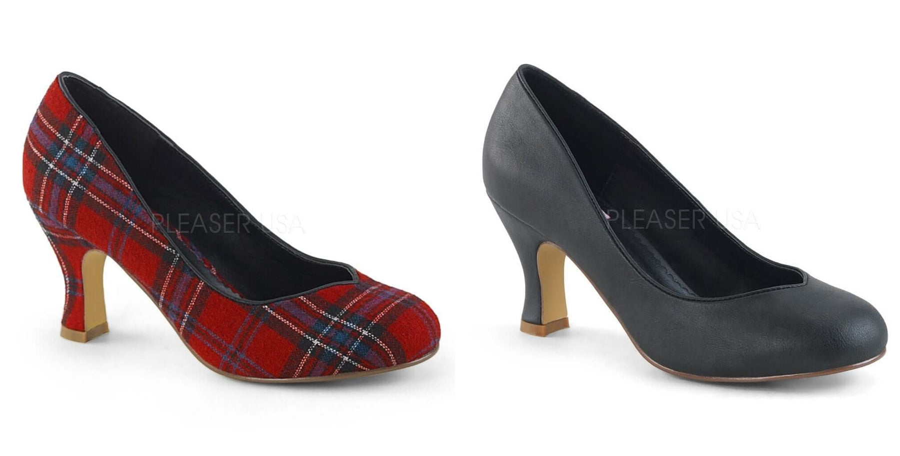 Work Friendly Footwear with plaid and sleek options from Pleaser, perfect for a stylish work wardrobe.