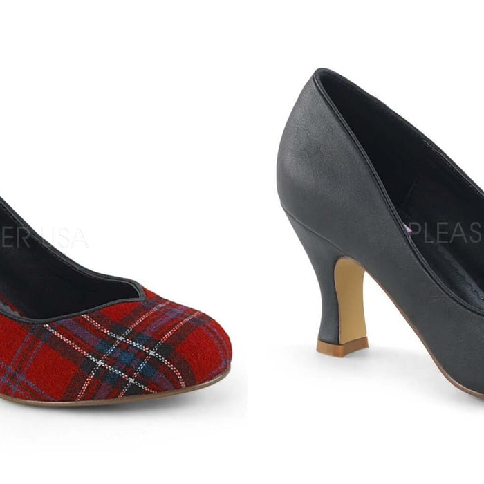 Work Friendly Footwear with plaid and sleek options from Pleaser, perfect for a stylish work wardrobe.