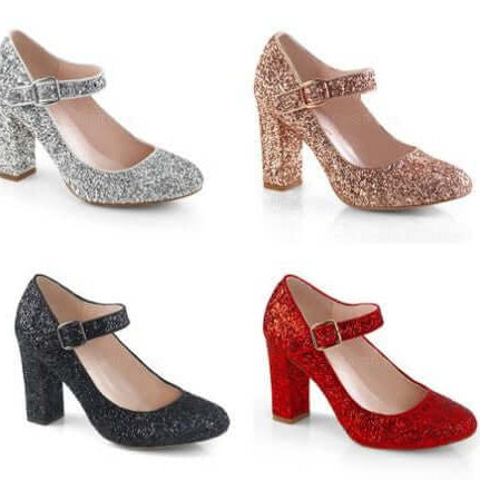 Sparkle and Shine May 2018: Glittery Mary Jane heels in silver, rose gold, black, and red showcase stunning styles for any occasion.