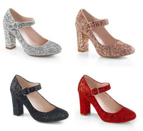 Sparkle and Shine May 2018: Glittery Mary Jane heels in silver, rose gold, black, and red showcase stunning styles for any occasion.