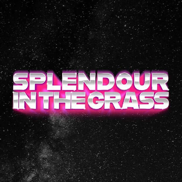 Colorful text reading 'SPLENDOUR IN THE GRASS' against a starry background, perfect for festival vibes.