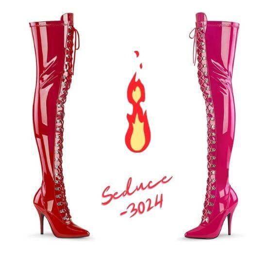Hot Pink Thigh High Boots with lace-up design and patent finish, featured alongside red version.