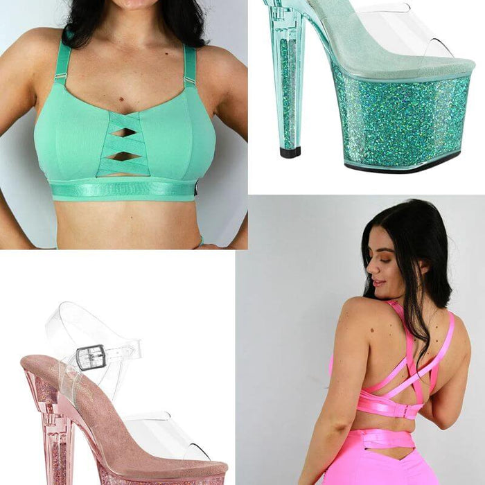What's New at RARR and SHOE ME! model showcasing mint top and glamorous glitter heels.