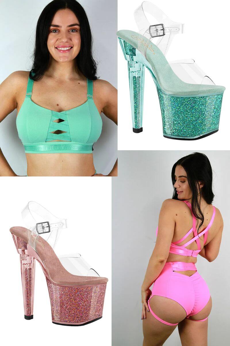 What's New at RARR and SHOE ME! model showcasing mint top and glamorous glitter heels.