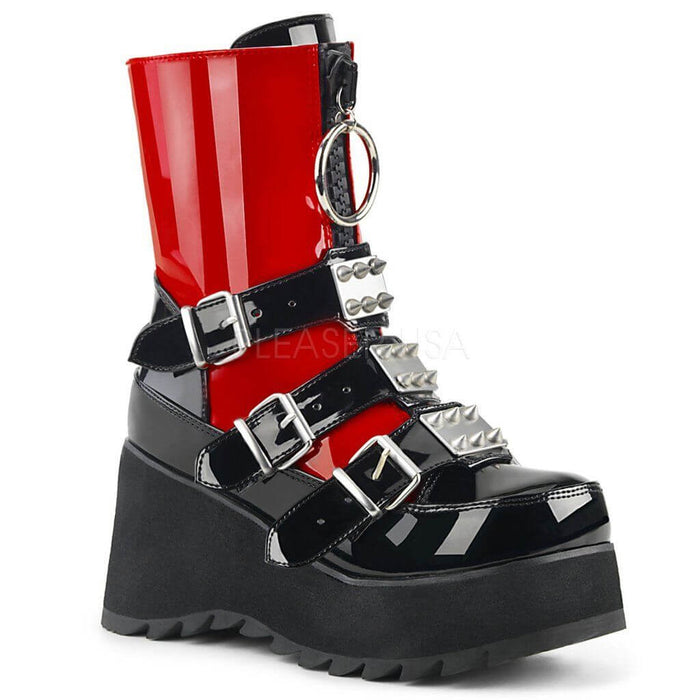 The Brighter Side of Goth: Bold red and black platform boots with spikes, perfect for alternative, rave, and festival looks.